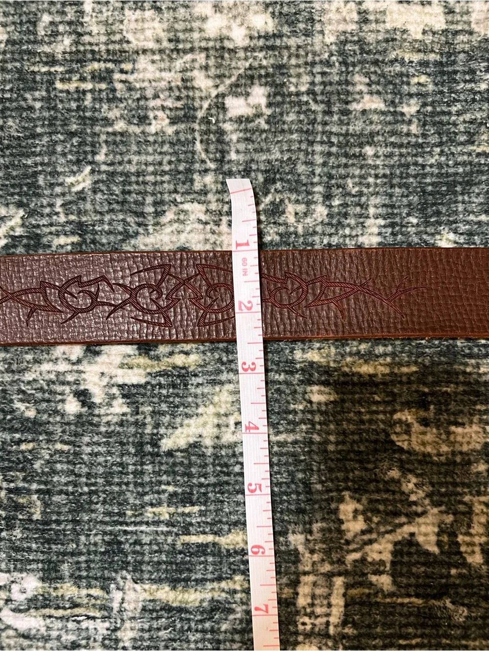Vintage Leather Tribal Cross Laser Etched Belt Size 36 Made in USA Brown Y2K